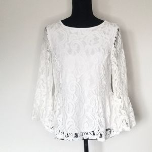 Adrianna Papell white sheer lined lace peplum blouse flounce